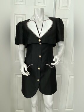 Ozlana Black Mini Dress with White Heart Collar and Gold Buttons